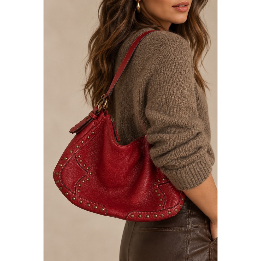 Red Pebbled Leather Studded Hobo Shoulder Bag Western Style Brass Hardware